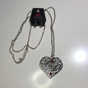 Paparazzi Long Heart Necklace with Red Gems